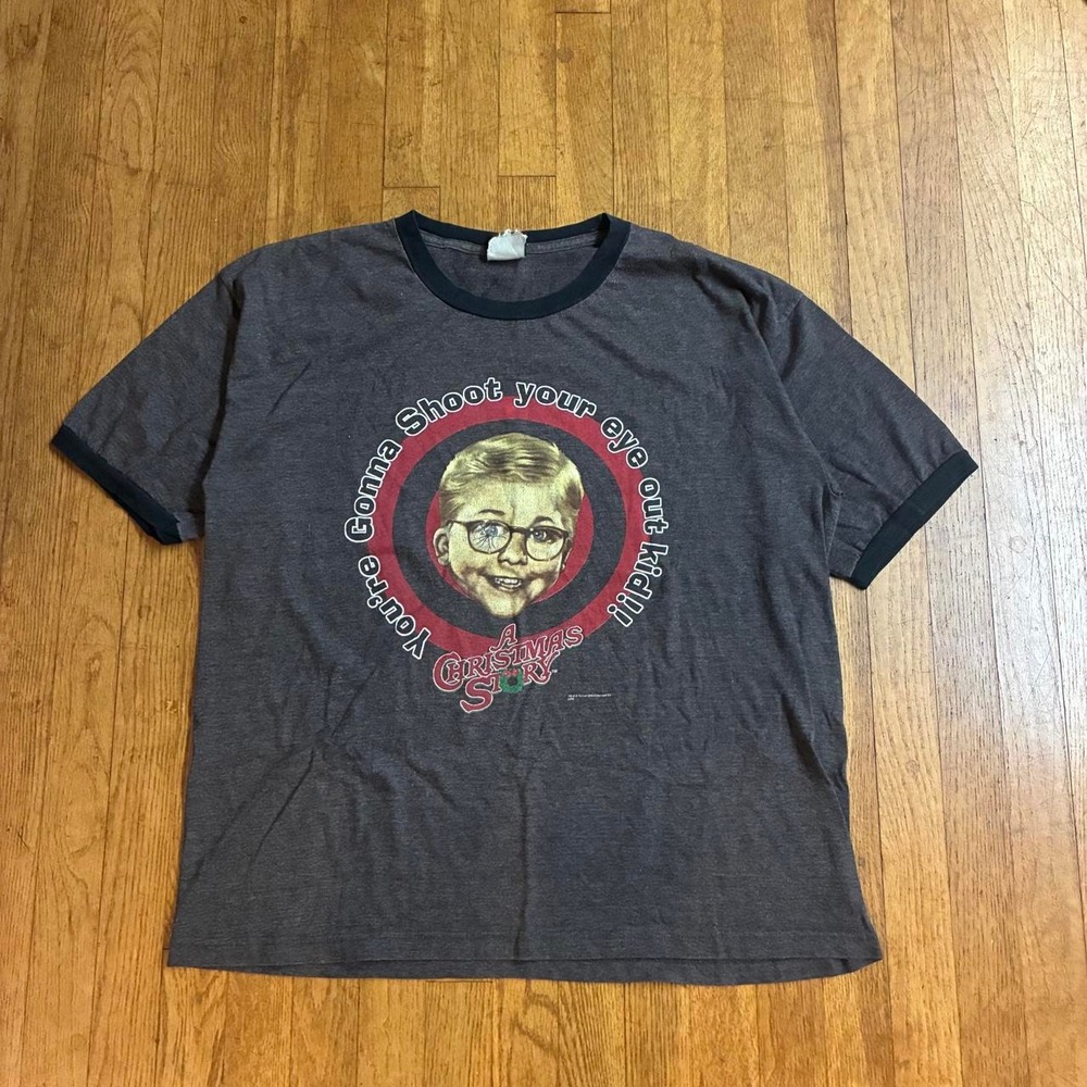 Vintage A Christmas Story Ralphie Shoot Your Eye Out Ringer T-Shirt XL Grey